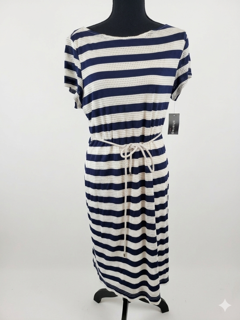 Sharagano Navy and Cream Striped Midi Dress with Tie Waist